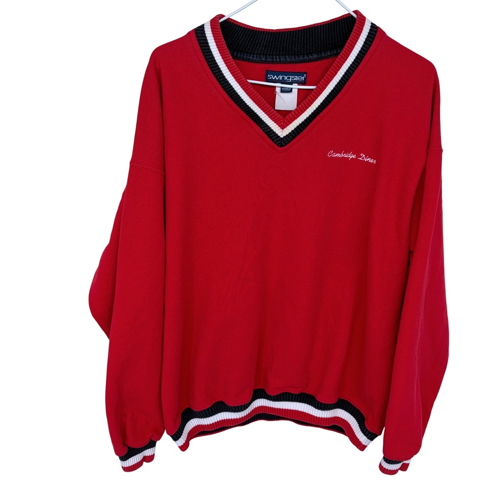 Vintage 80s 90s Swingster V-Neck Sweater XL Mens Red Embroidered Cambridge Diner